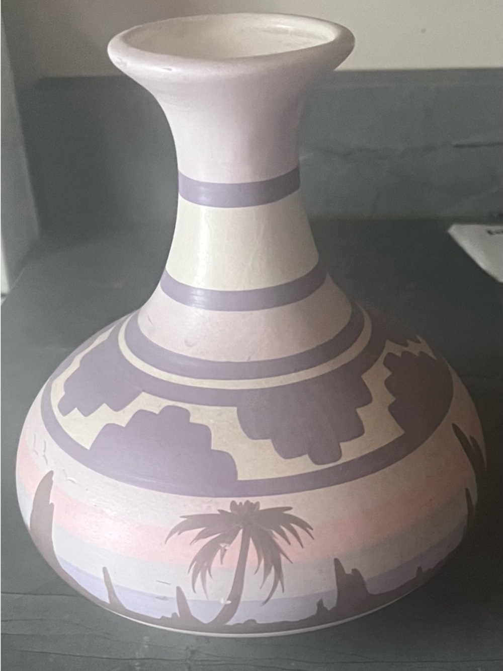 Hand-Painted Desert Scene Ceramic Vase in Lavender and Cream